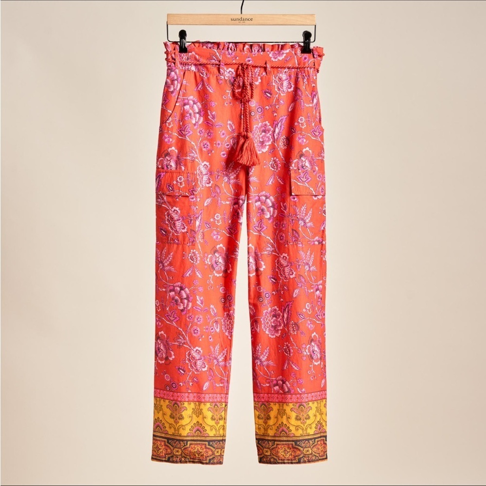 Sundance Vibrant Reef Pants Women's L Red Floral Pull On Cotton Pockets Lounge